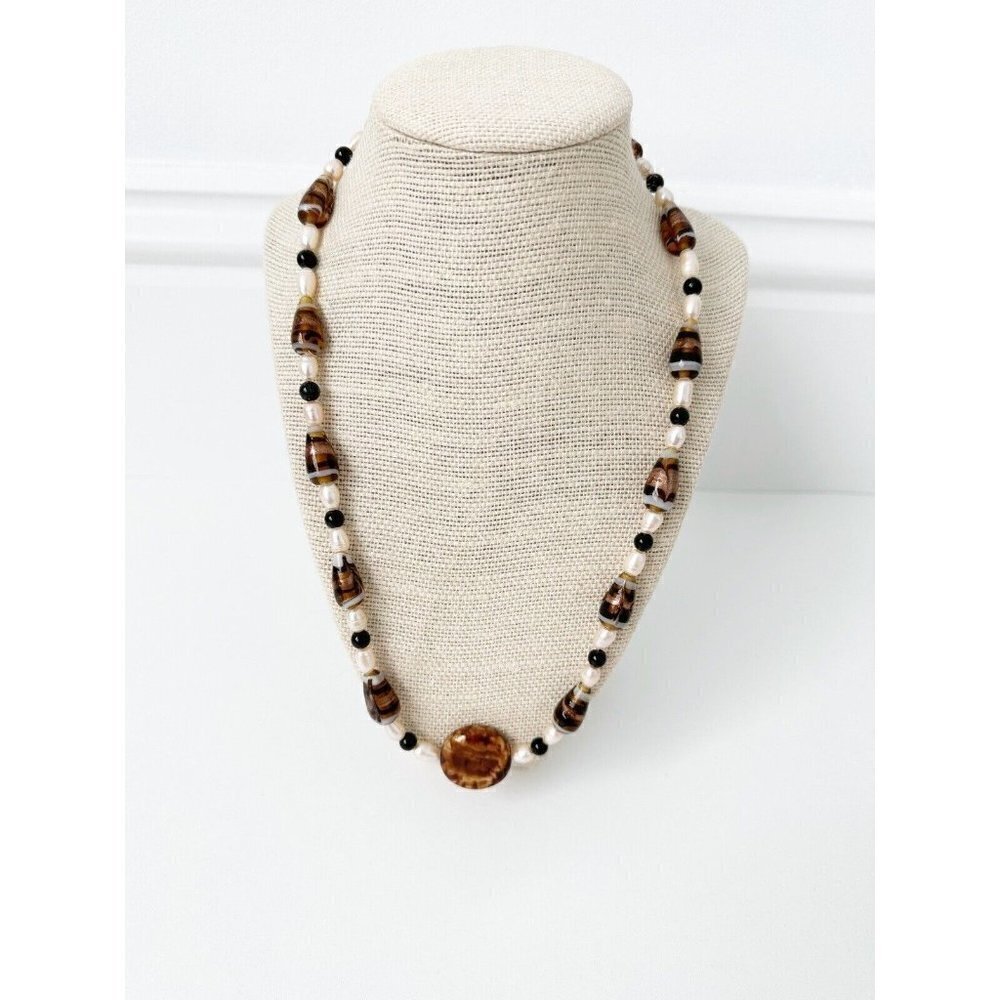 NWT Genuine Murano Glass, Black Onyx & Pearls Necklace Brown Black White